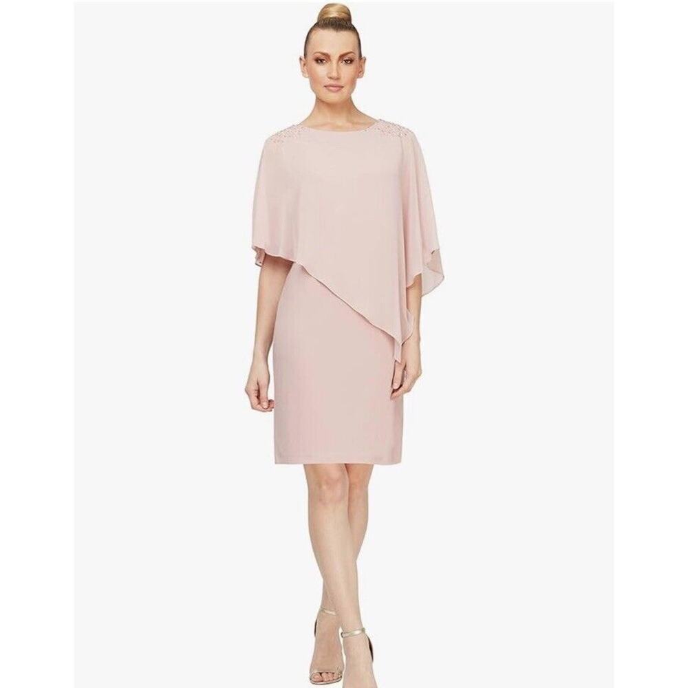 NWOT Ignite Evenings Pink Short Chiffon Beaded Capelet Dress Special Occasion 8
